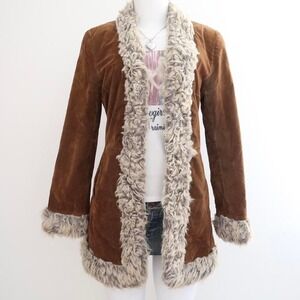 vintage rampage brown faux suede fur trim coat size medium